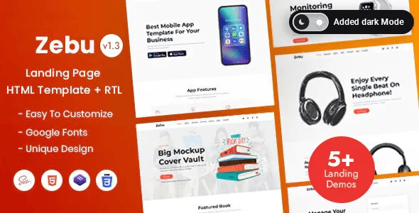 Zebu responsive multipurpose landing page HTML template preview with clean single-page layout designs
