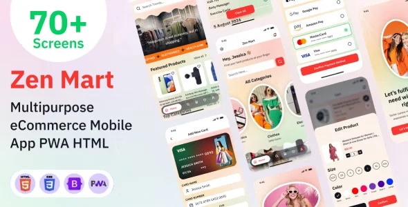 Zen Mart HTML PWA ecommerce template preview showing mobile app interface screens