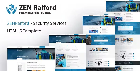 ZenRaiford security services HTML template preview showing a responsive security company website layout