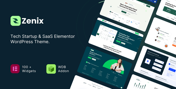 Zenix SaaS WordPress theme homepage preview showing modern tech startup website design