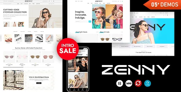 Zenny eyewear WooCommerce theme showcasing a clean modern glasses store layout on desktop and mobile