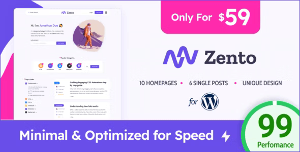 Zento lightweight WordPress blog theme preview on desktop and mobile
