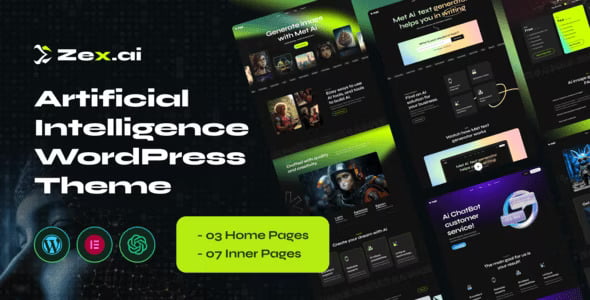 Zex AI image generation WordPress theme preview with Elementor page builder