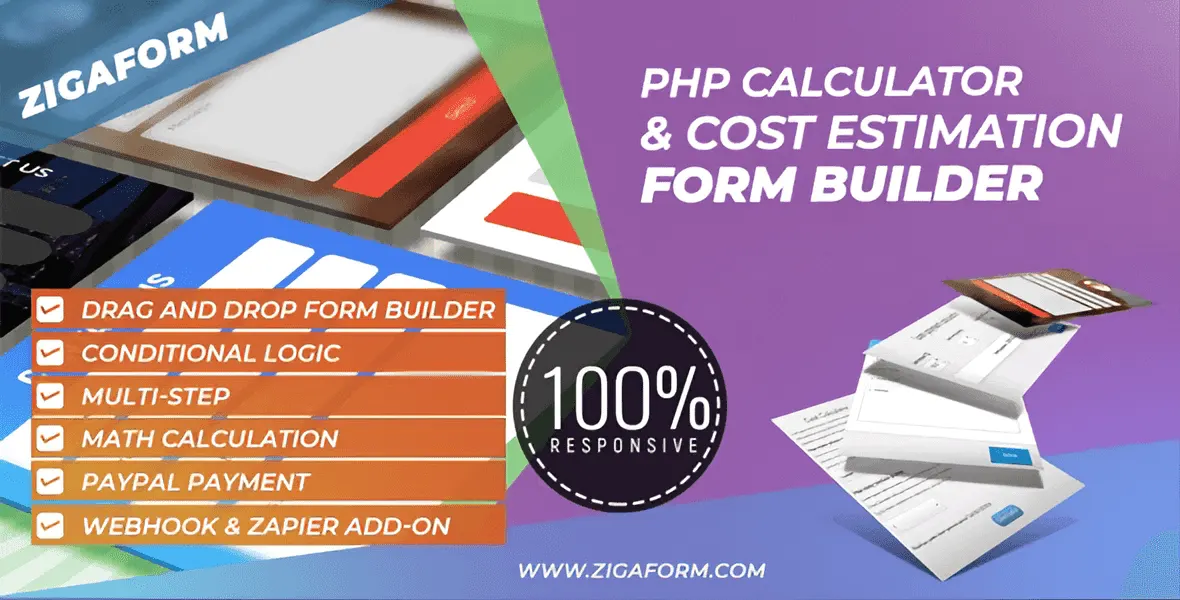 Zigaform PHP calculator form builder drag-and-drop interface with live skin customizer