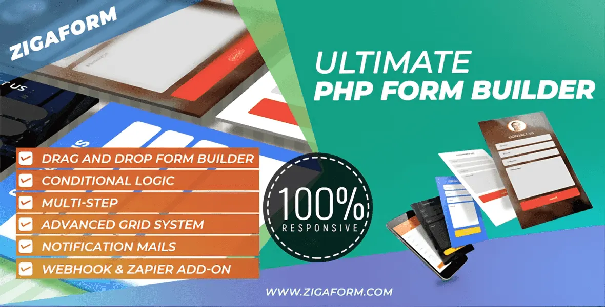 Zigaform PHP form builder interface showing drag and drop form elements and live skin customizer