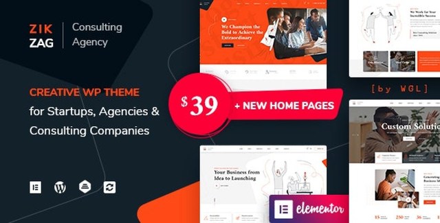 ZikZag Elementor consulting and agency WordPress theme showcasing modern professional website layout