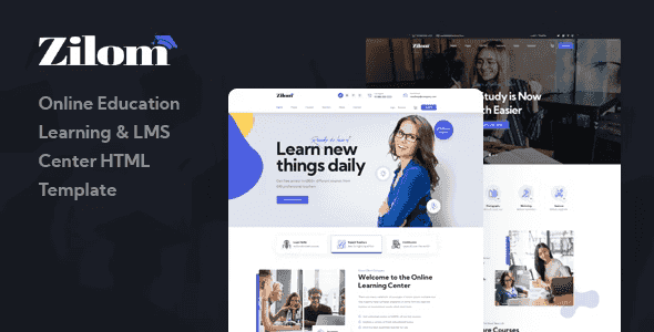 Zilom online education HTML template homepage preview showing course listings and instructor profiles