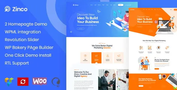 Zinco digital marketing agency WordPress theme homepage preview showing hero section, services grid, and case study carousel