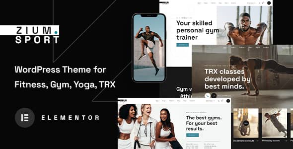 Zium fitness WordPress theme homepage demo showing class schedule, trainer profiles, and booking CTA on mobile and desktop
