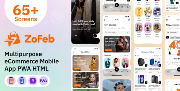 ZoFeb PWA ecommerce HTML template showcasing mobile-first responsive online store design