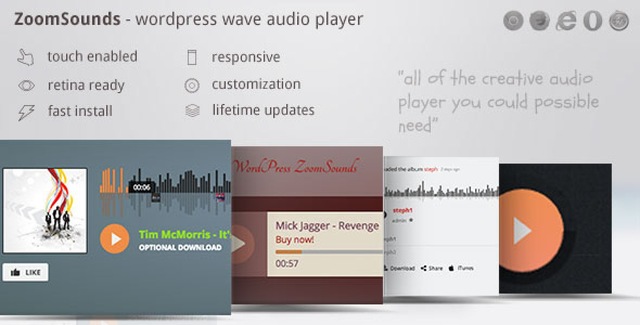 ZoomSounds WordPress audio player plugin with customizable skins and playlist interface
