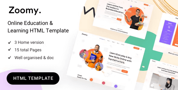 Zoomy education HTML5 template homepage showing responsive school website design with course listings and faculty sections