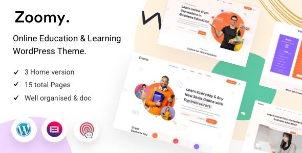 Zoomy Education LMS WordPress Theme preview with responsive layout and modern design