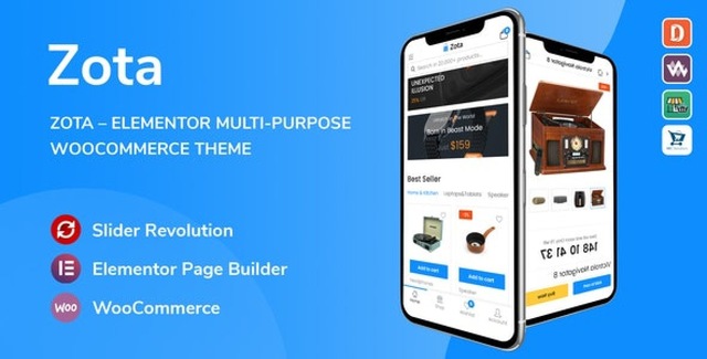 Zota Elementor WooCommerce theme dashboard showing visual header builder and multi-vendor marketplace demo