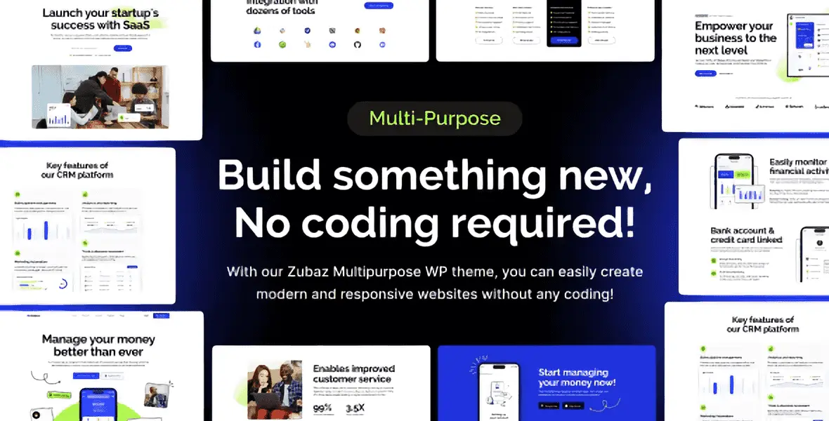 Zubaz SaaS and startup WordPress theme preview featuring Elementor PRO design layout