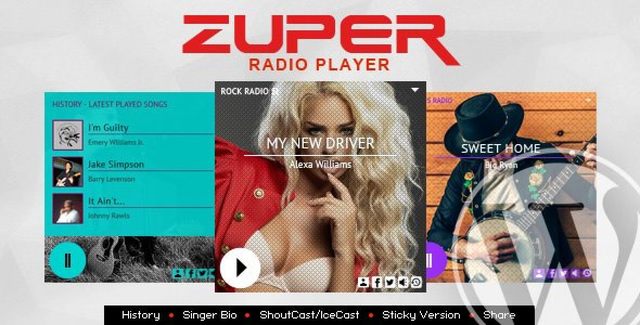 Zuper WordPress radio player plugin displaying ShoutCast and IceCast stream with artist information