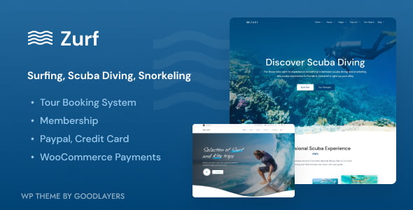 Zurf WordPress theme homepage showing surf and dive tour listings with booking buttons