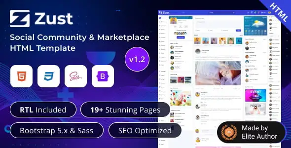 Zust social community and marketplace HTML template preview showing a modern responsive layout built with Bootstrap