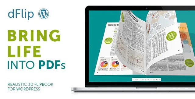 DFlip PDF FlipBook WordPress plugin creating a 3D flipbook on a laptop