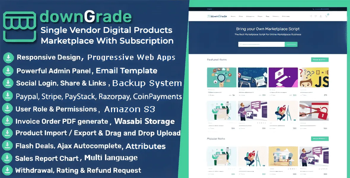 DownGrade single vendor digital marketplace script dashboard for selling themes, plugins, and scripts online