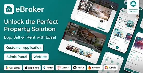 EBroker real estate Flutter app with Laravel admin panel for buying, renting, and selling properties