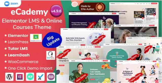 ECademy WordPress LMS theme dashboard showing online course management interface