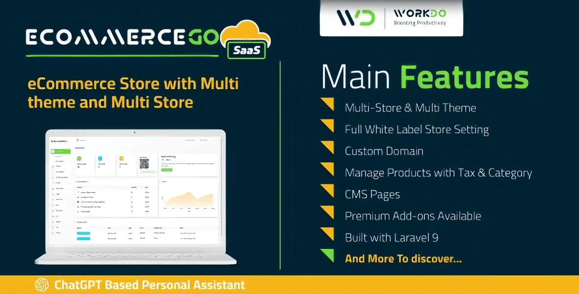 ECommerceGo SaaS multi-store admin dashboard showing unified sales analytics and store management interface