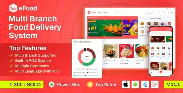 EFood food delivery app interface showing admin panel, customer app, and delivery driver app