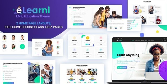 ELearni WordPress LMS theme homepage showing course grid, student dashboard, and community features