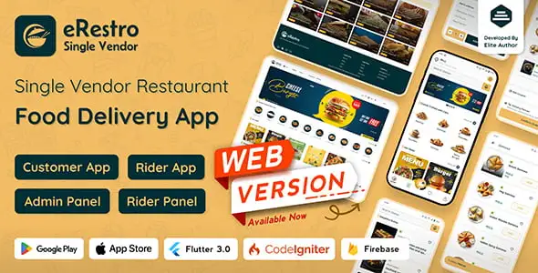 ERestro single vendor restaurant app dashboard showing food ordering interface with admin panel and delivery tracking features