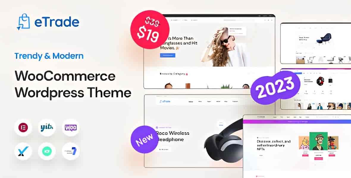 ETrade multipurpose WooCommerce theme homepage showing fashion marketplace demo with Ajax search and product grid