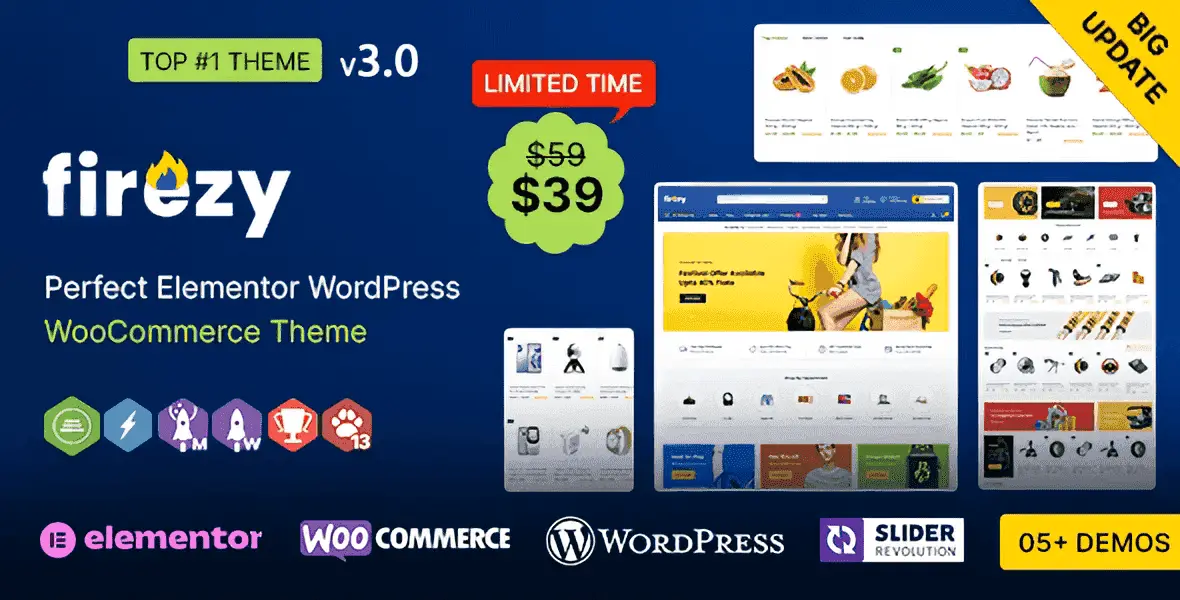 Firezy multipurpose WooCommerce WordPress theme with clean responsive e-commerce design