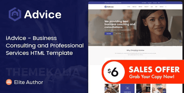 IAdvice consulting HTML template homepage preview showing responsive design with Elementor PRO page builder