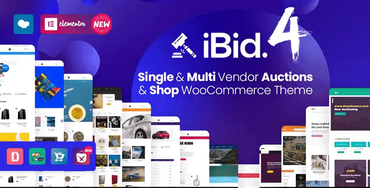 IBid WordPress theme dashboard showing automotive auction demo with countdown timer and vendor listings