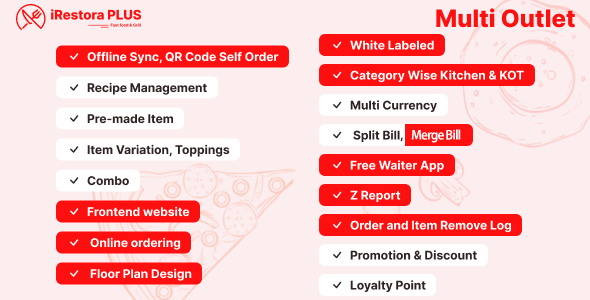 Self-hosted restaurant POS script interface showing multi-outlet management dashboard