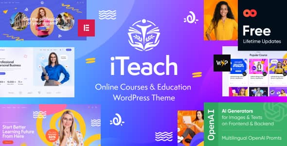 ITeach education WordPress theme homepage preview with Elementor and LearnPress integration