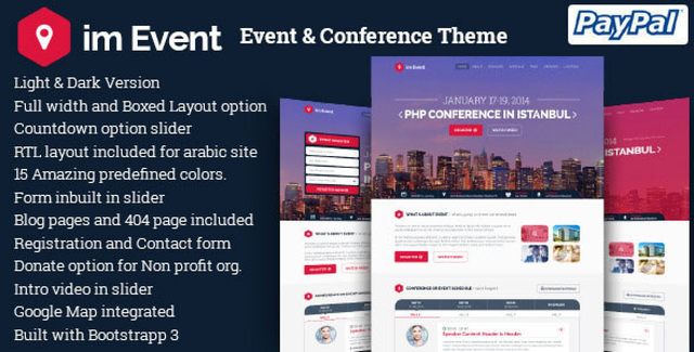 ImEvent WordPress theme homepage showing event hero slider with video background, speaker grid, schedule tabs, and ticket purchase buttons