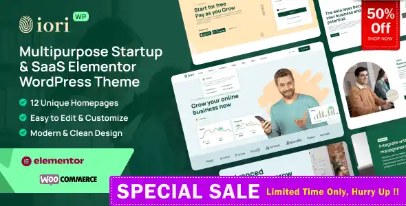 Iori Elementor WordPress theme showcasing startup and SaaS website layouts