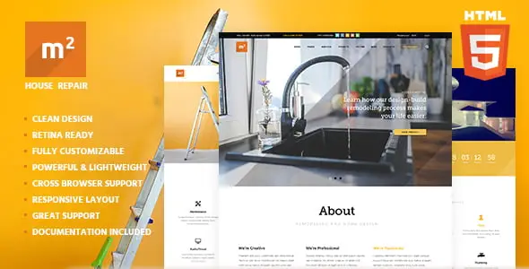 M2 construction website template showcasing a professional responsive layout for home repair and building businesses