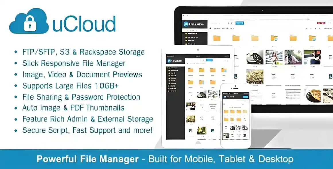 UCloud file hosting PHP script dashboard showing file preview and sharing interface