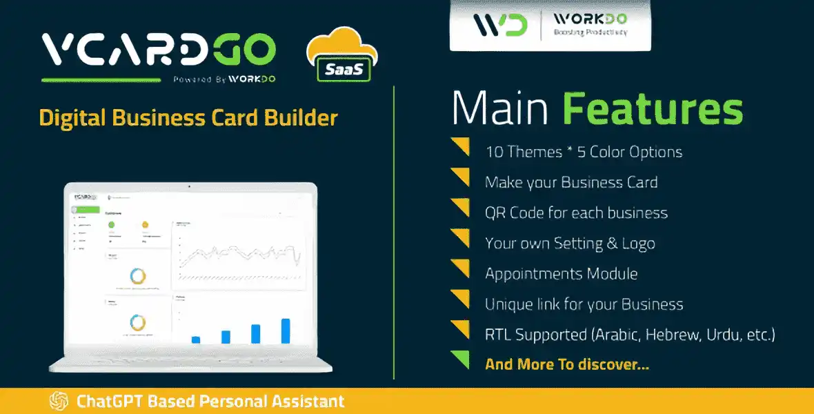 VCardGo digital business card SaaS platform dashboard and card builder interface