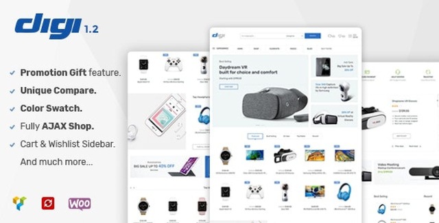Digi modern WooCommerce theme for electronics stores featuring responsive layout, mega menu, and quick product view