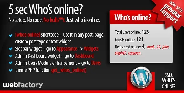 5sec Who's Online Plugin WordPress interface showing live user tracking widget