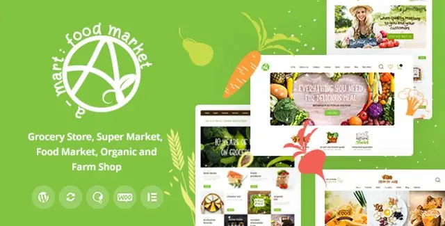 A-Mart organic food WordPress theme preview showing modern design for agricultural and healthy food websites