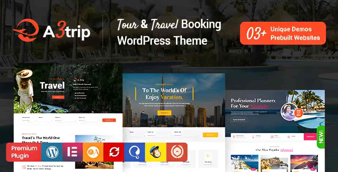 A3trip tours and travels WordPress theme homepage preview for travel agencies