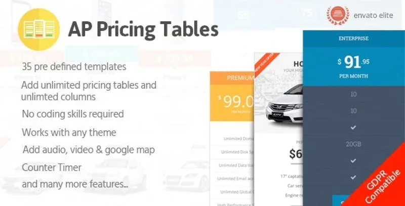 AP Pricing Tables WordPress pricing table plugin interface showing responsive pricing table templates and customization options