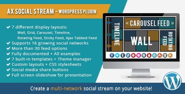 AX Social Stream WordPress plugin displaying a social media feed aggregator with multiple layout options