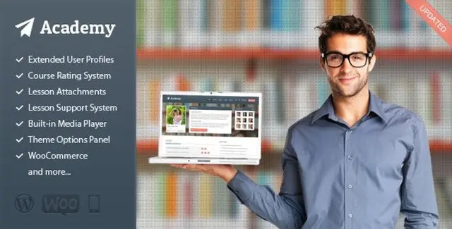 Academy Learning Management WordPress theme dashboard showing course builder with lessons, progress tracking, and WooCommerce product settings