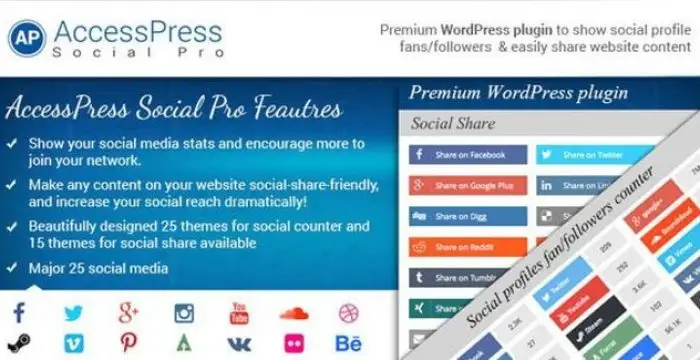 AccessPress Social Pro WordPress plugin displaying social media follower counters and sharing buttons