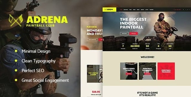 Adrena paintball WordPress theme demo showing responsive club website layout with shop and booking sections
